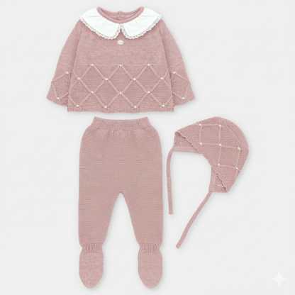 SET SWEATER LEGGINS & BONNET KNIT GIRL YORK004-11280