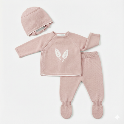 SET SWEATER LEGGINS & BONNET KNIT LEAVES UNISEX004-12287